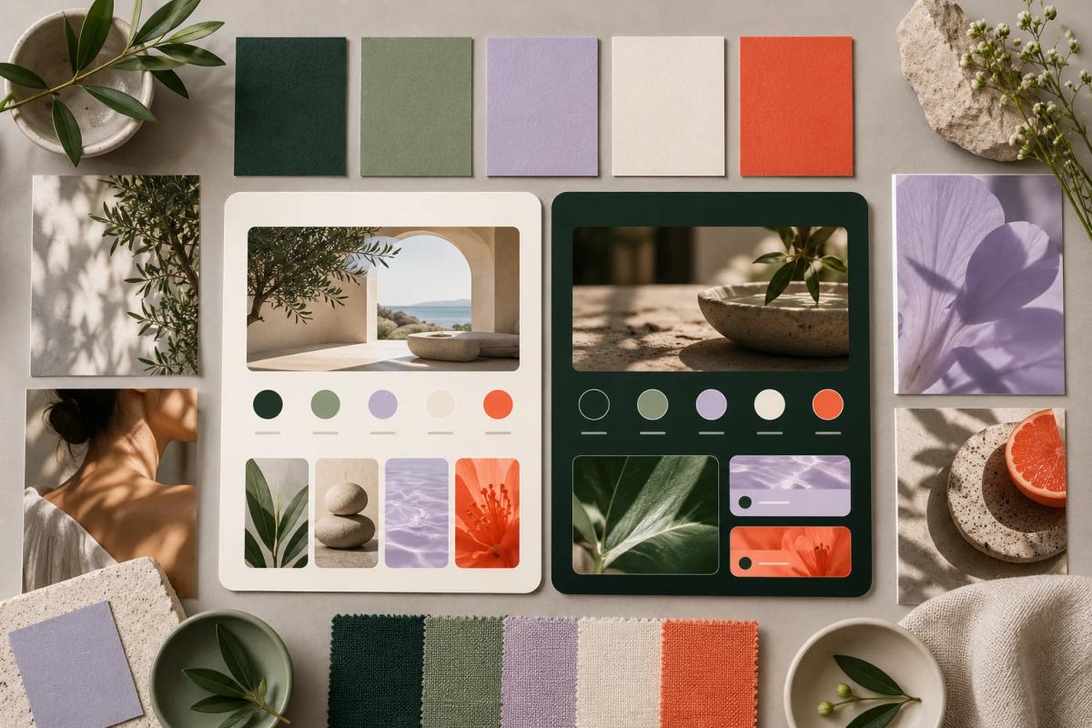 Colour palette swatches with light and dark interface examples