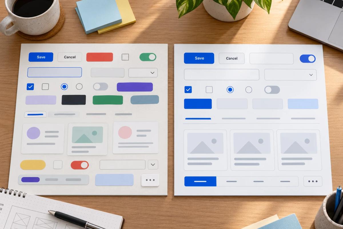 Contrasting UI component boards illustrating a design system audit