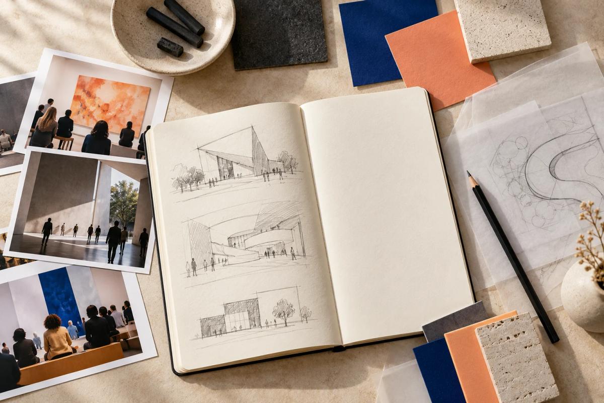 Creative brief workspace with concept sketches, reference photos and colour swatches