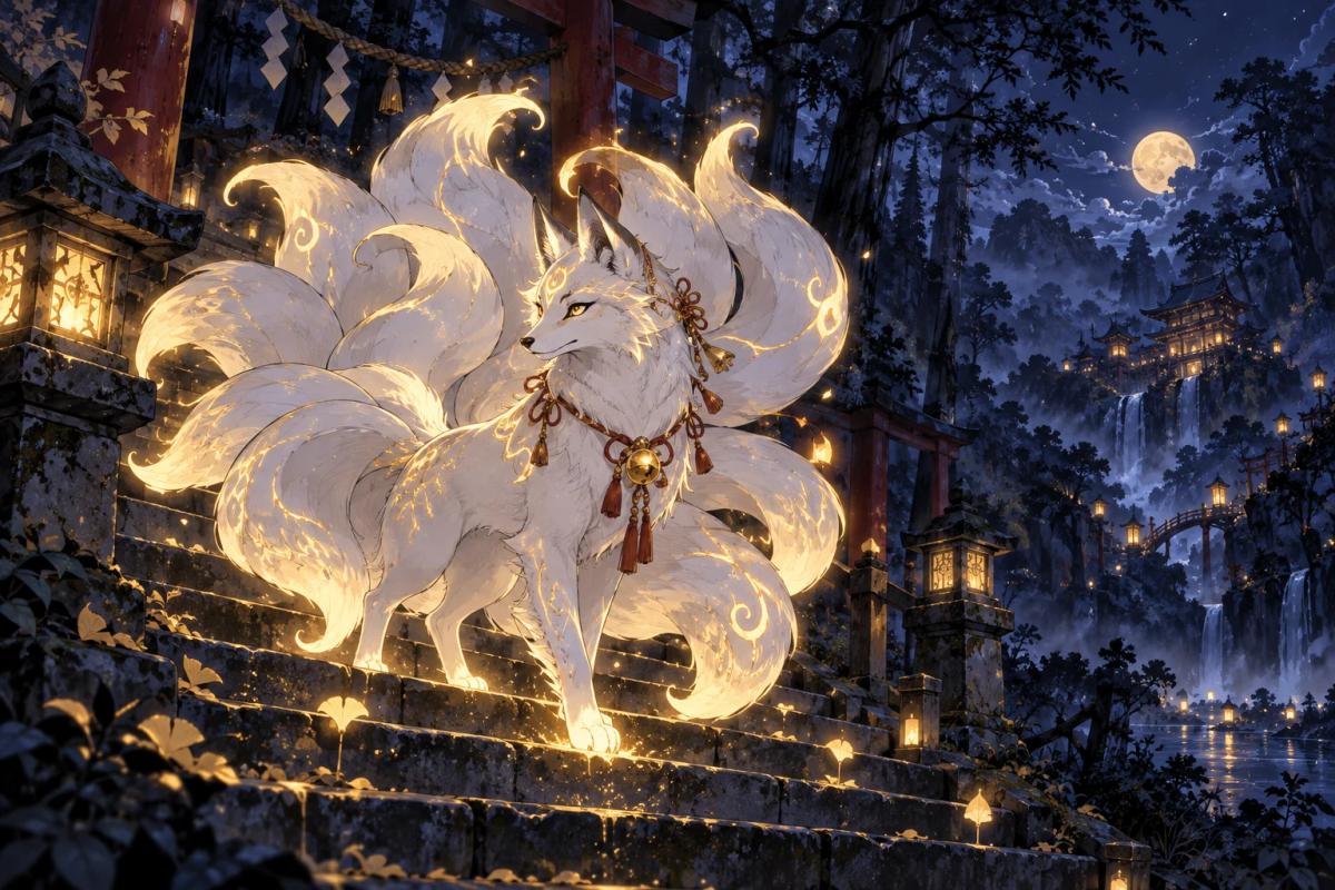 Glowing fox spirit on a shrine step in a night forest