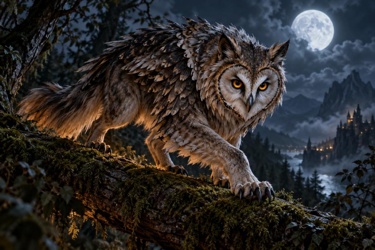 Wolf-owl hybrid perched on a mossy branch at night