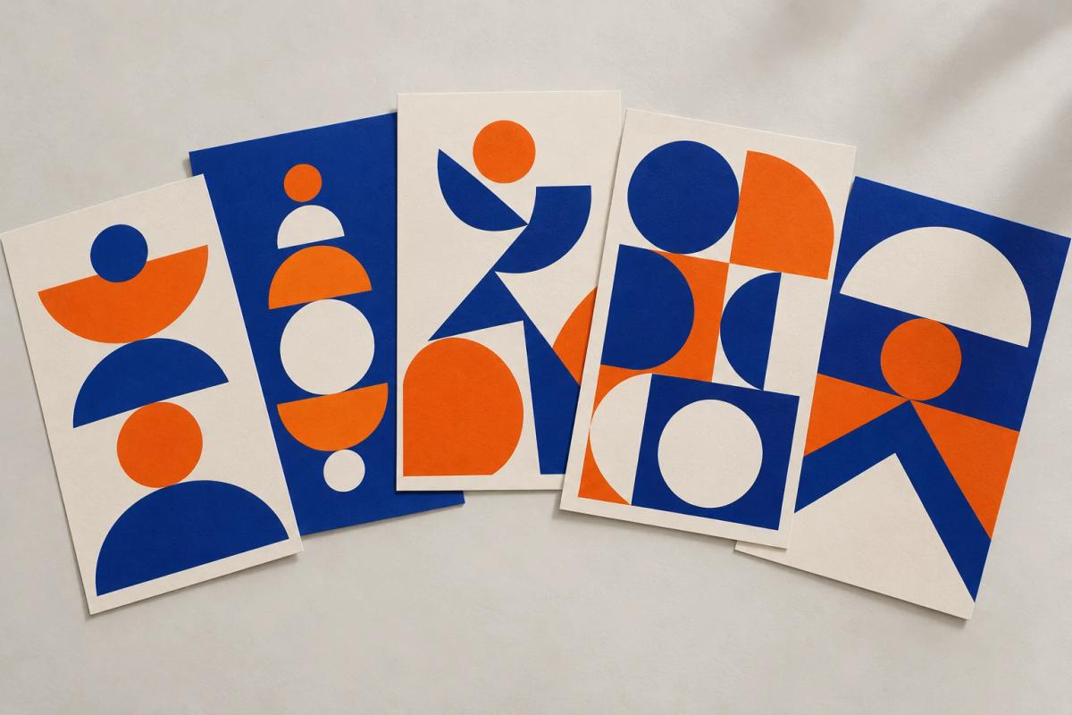 Geometric poster concepts using a restricted blue and orange palette