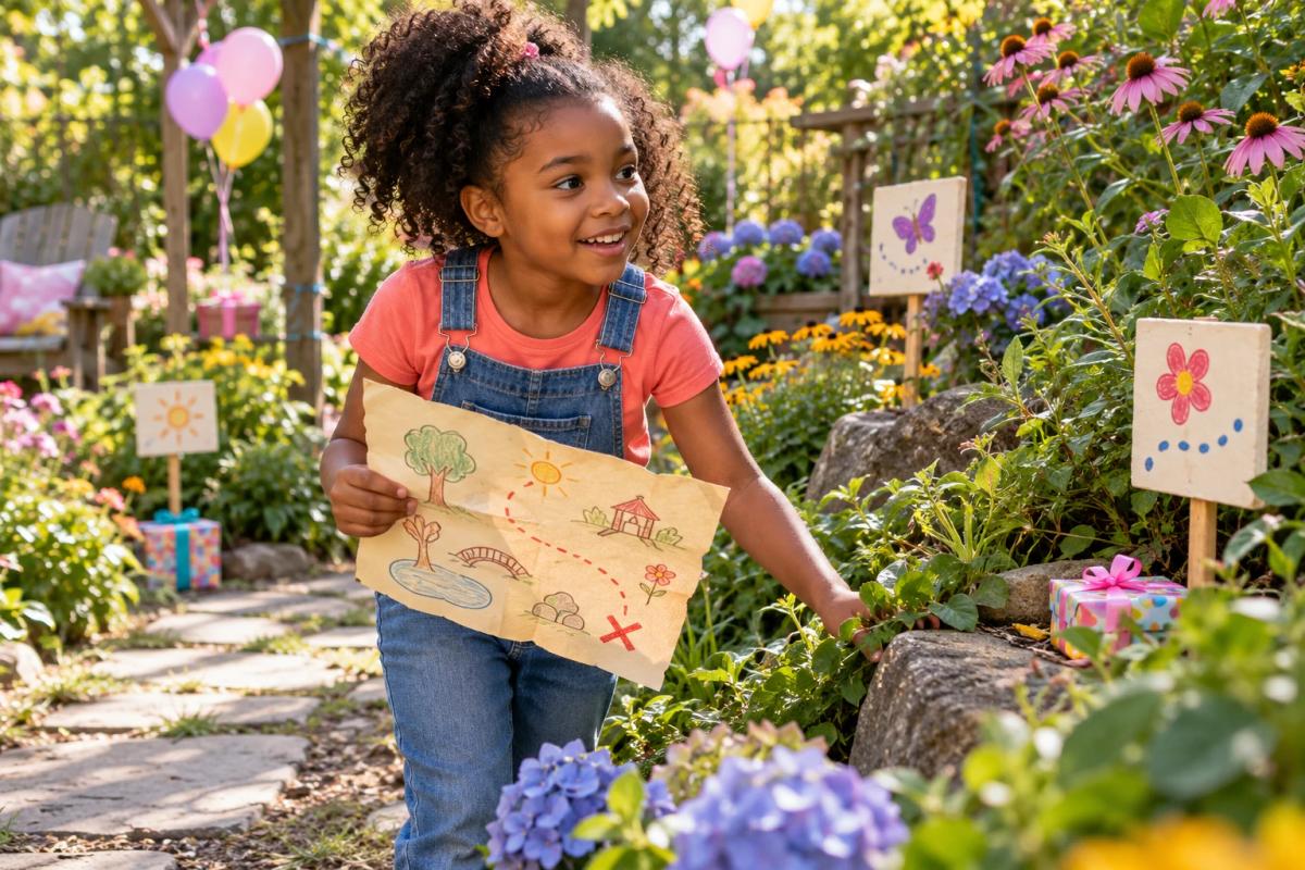Child following a treasure map at a garden birthday party