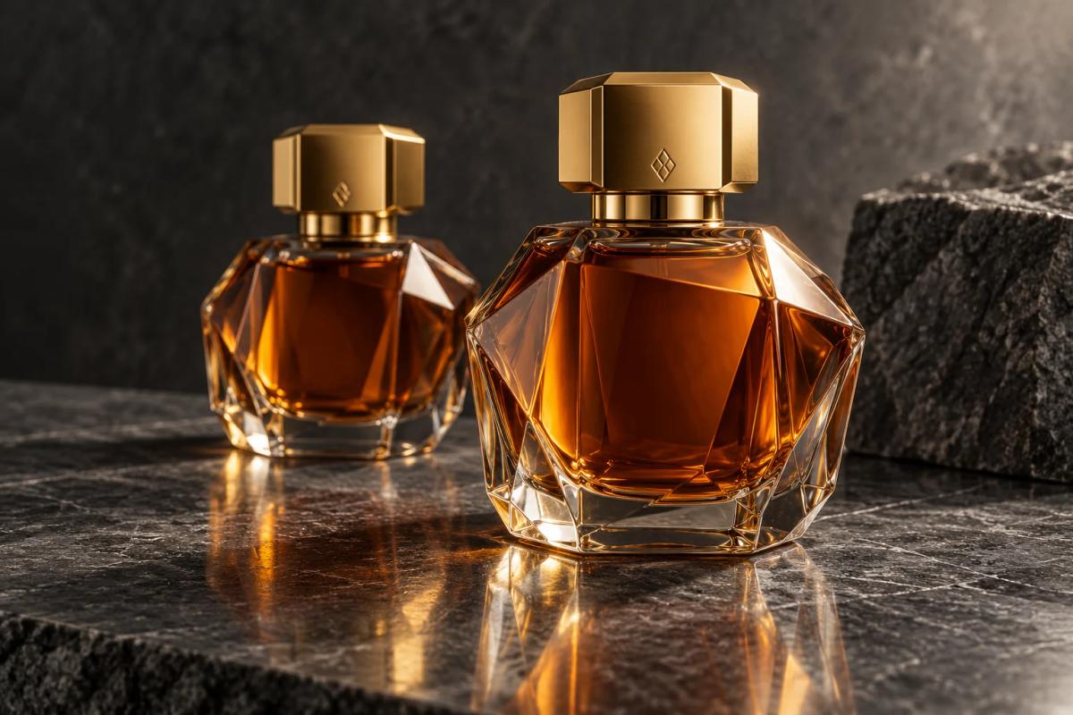 Faceted perfume bottles with amber liquid and gold caps