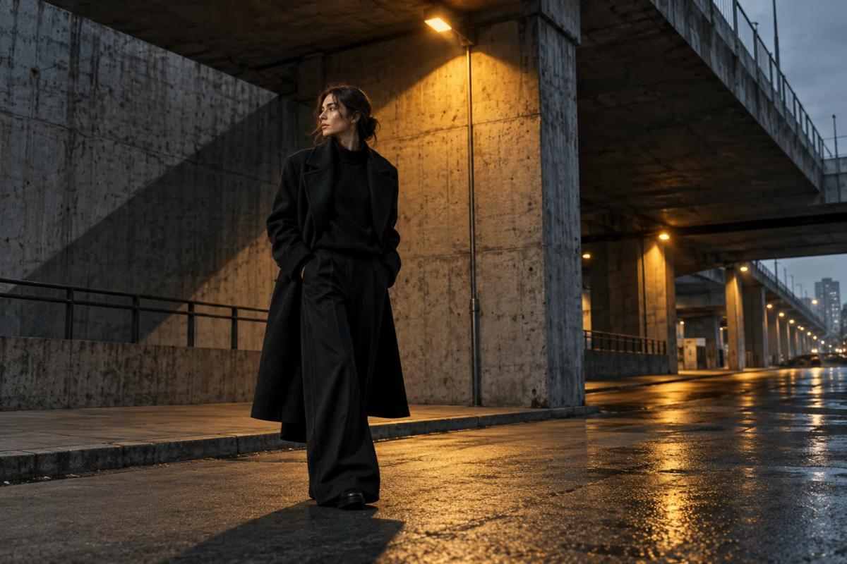 Editorial fashion portrait in a concrete underpass