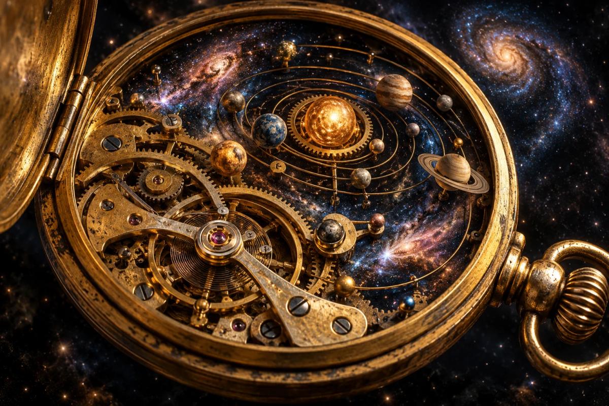 Vintage pocket watch gears transforming into planets and nebulae