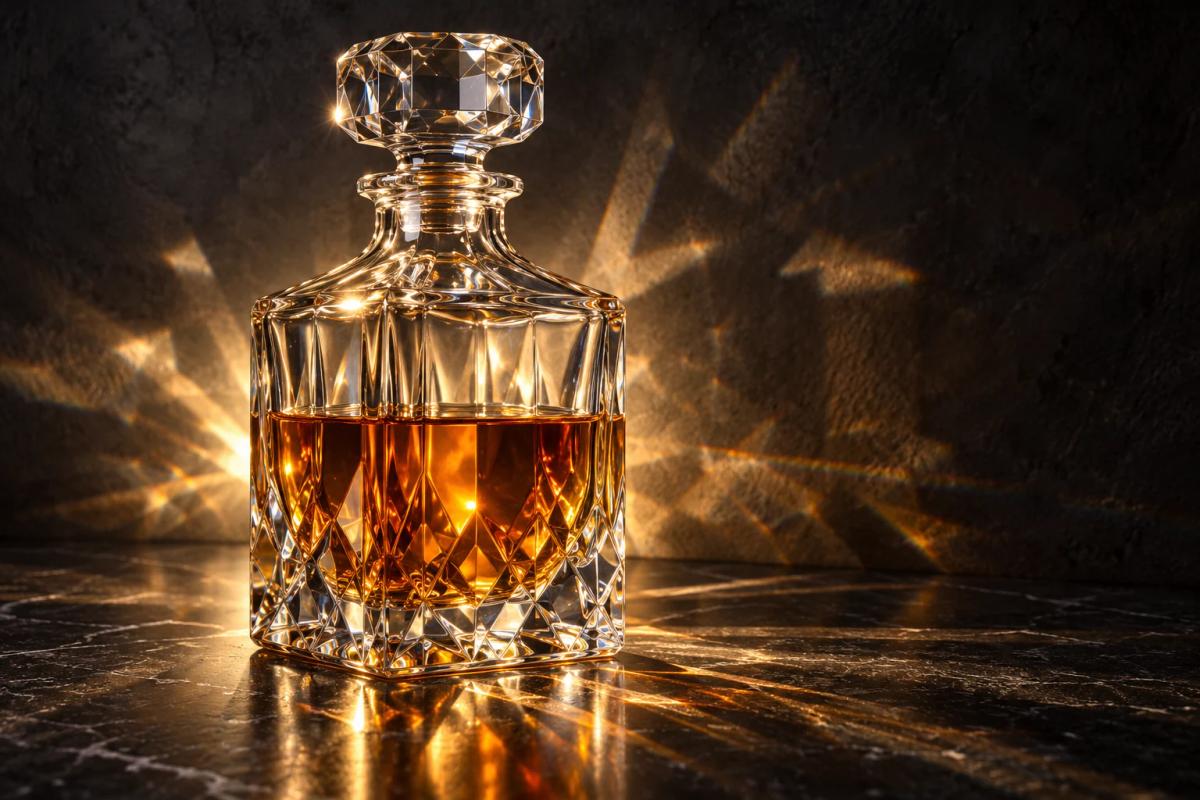Faceted crystal decanter casting sharp caustics through amber liquid