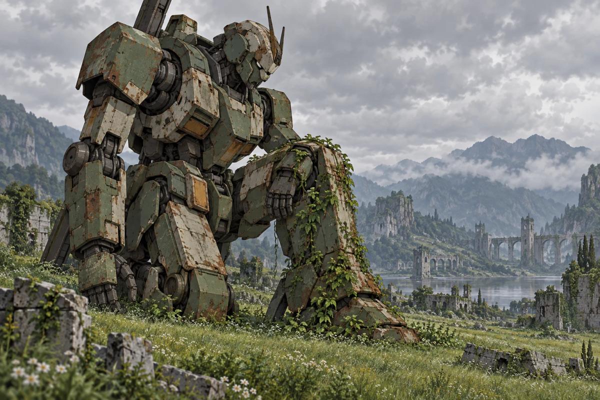 Weathered anime mecha resting in a grassy field