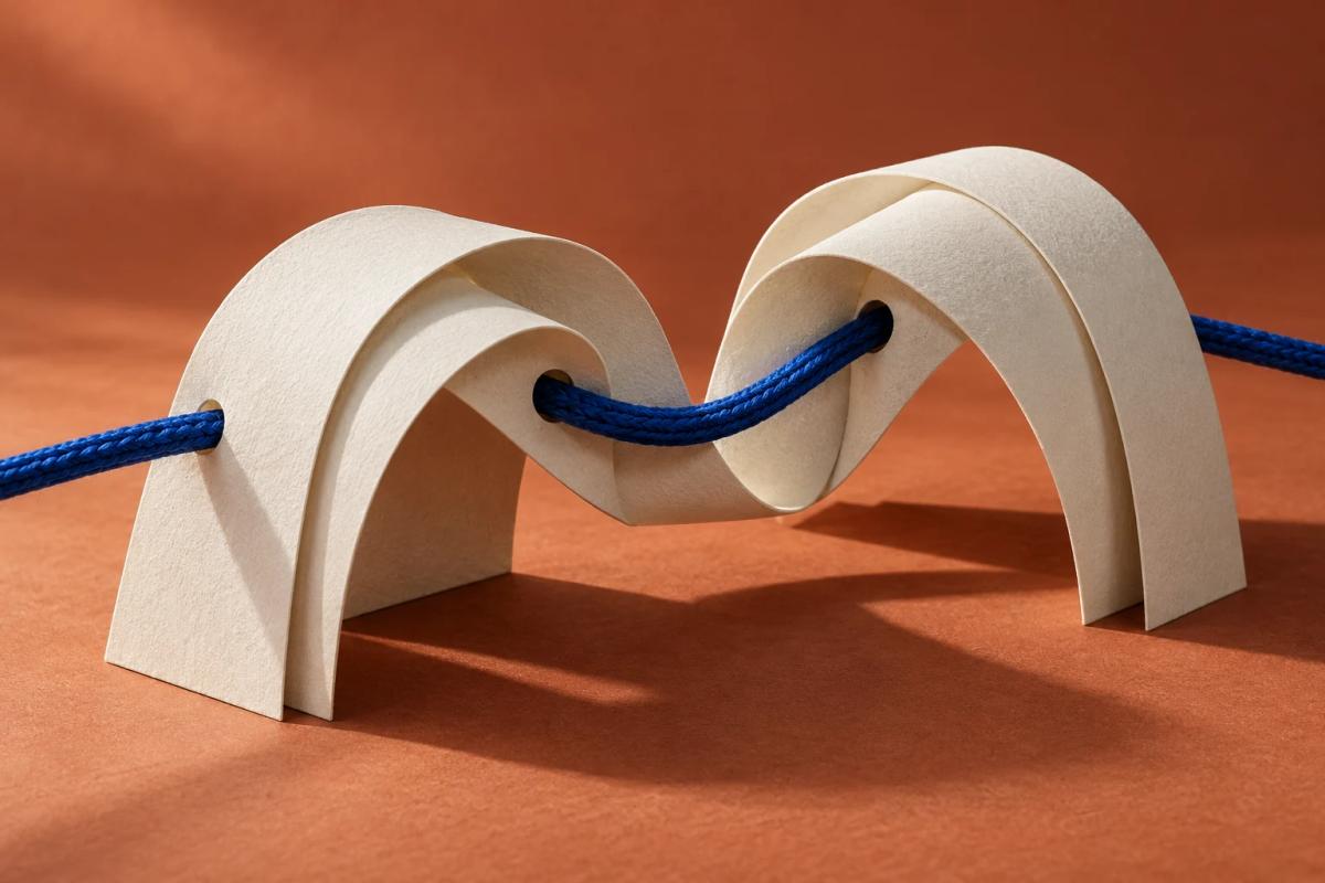 Interlocking paper arches and blue thread as a visual metaphor for trust