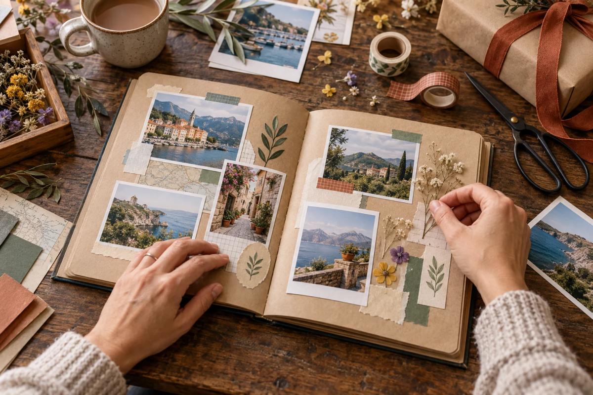 Hands assembling a handmade photo album as a personal birthday gift