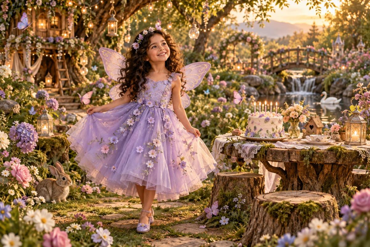 Girl in a fairy costume celebrating her birthday in a flower garden