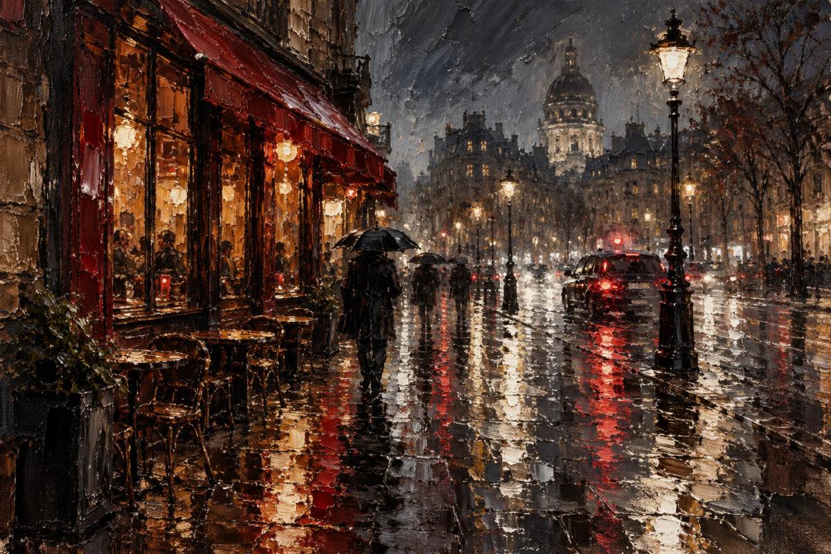 Rain-soaked city street painted in thick impasto oil