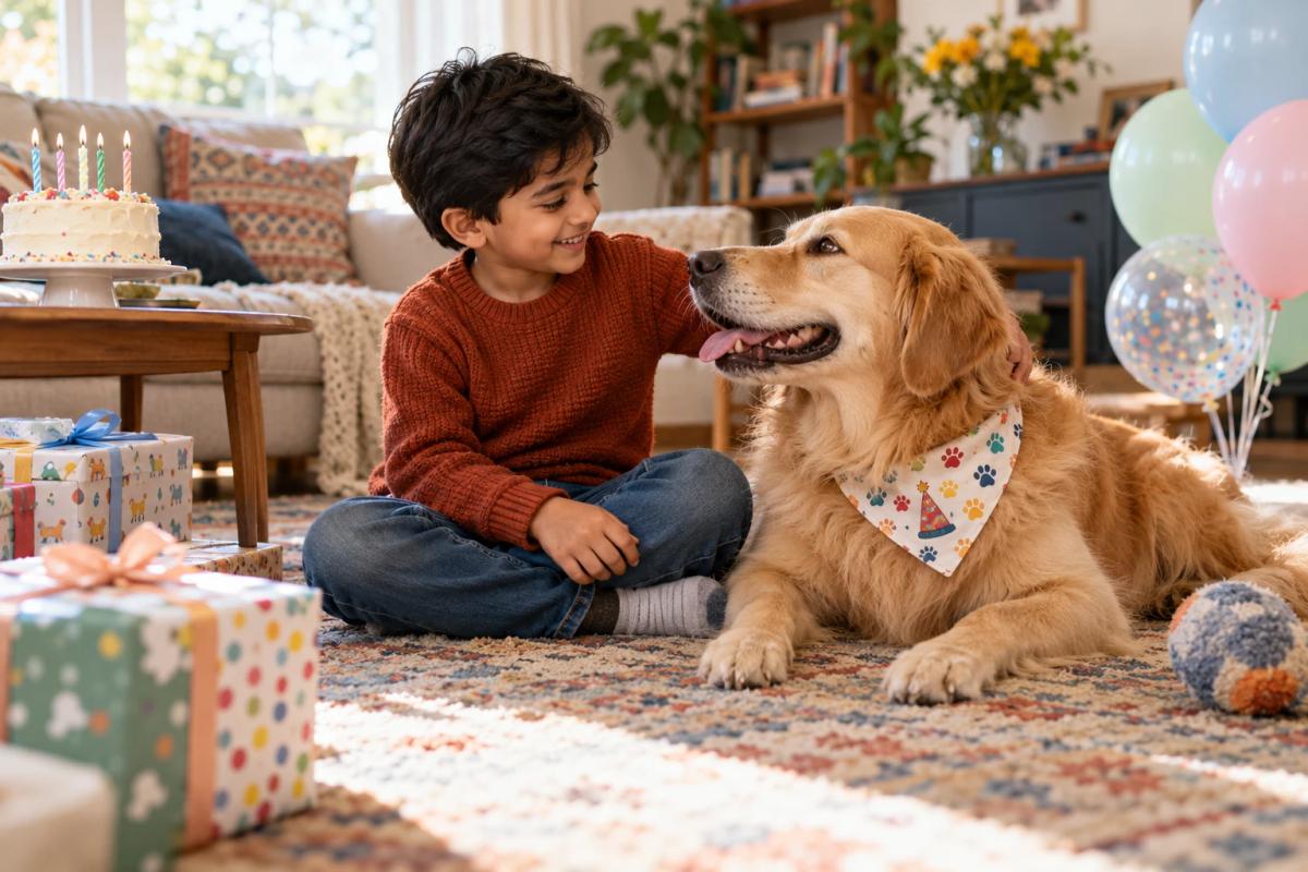 Child celebrating a birthday beside a friendly family dog