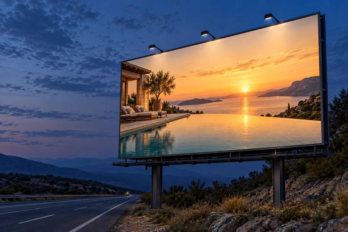 Highway billboard displaying a golden-hour infinity pool
