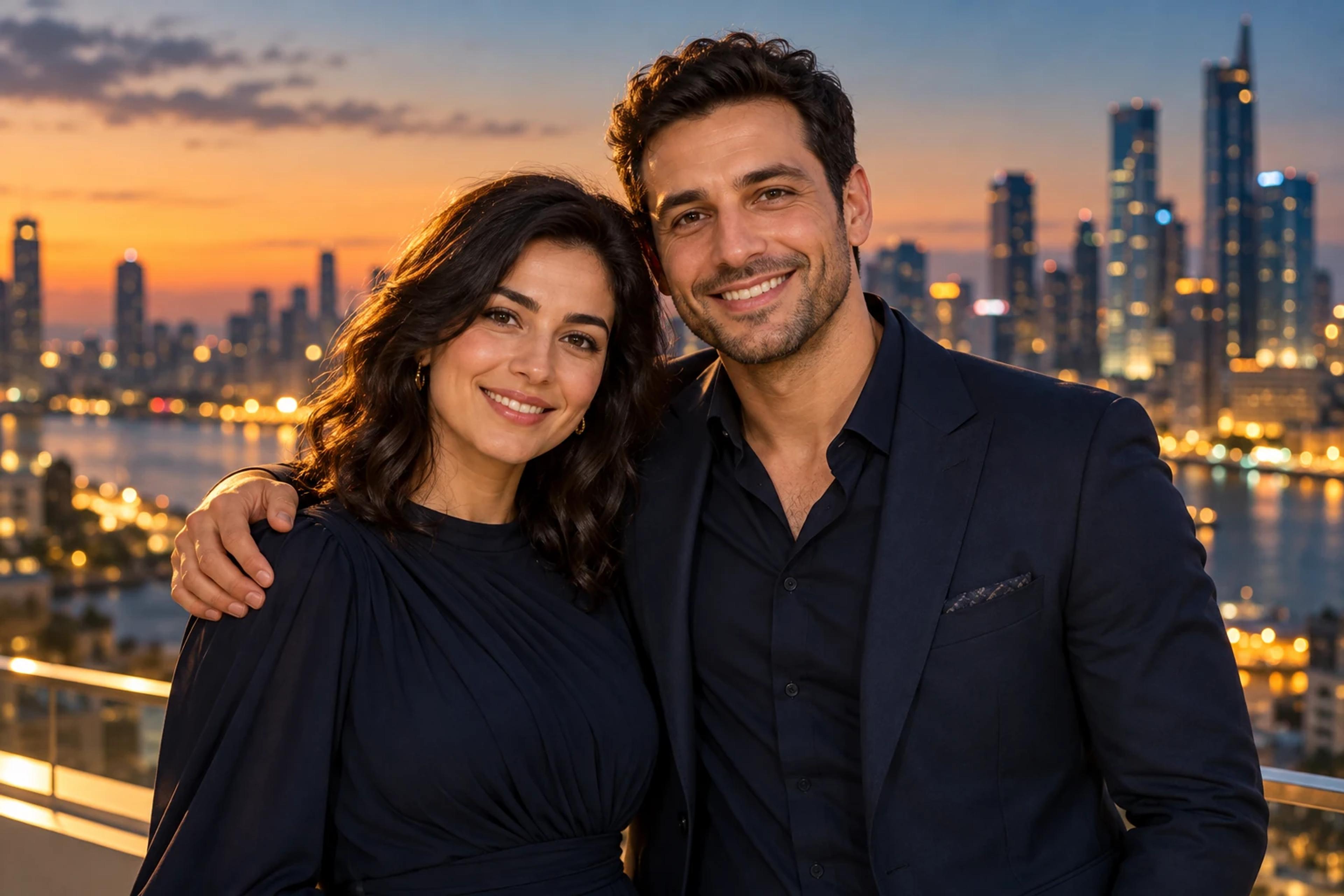Adult couple smiling together on a balcony with city lights at dusk