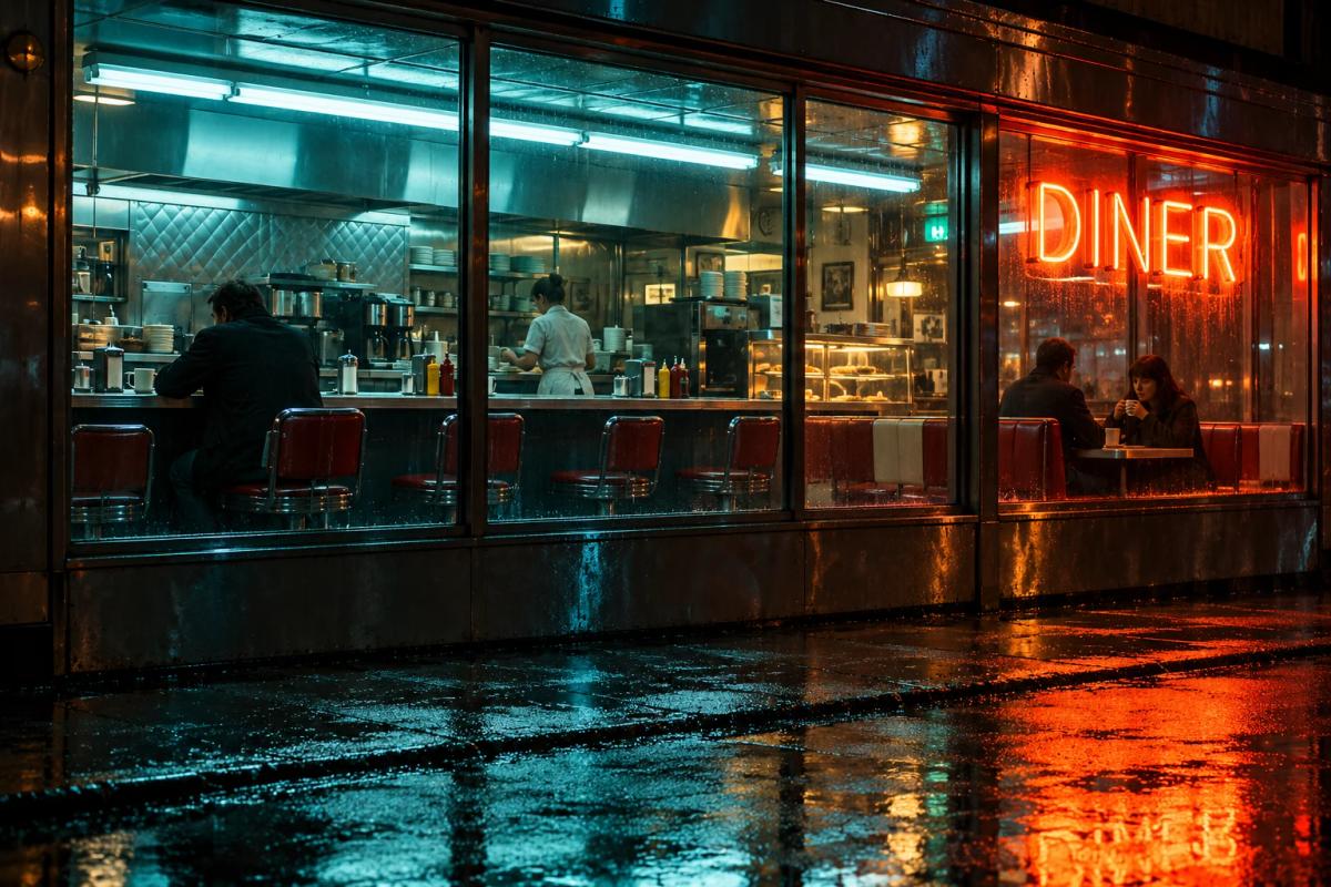 Late-night diner with neon light reflected on wet pavement