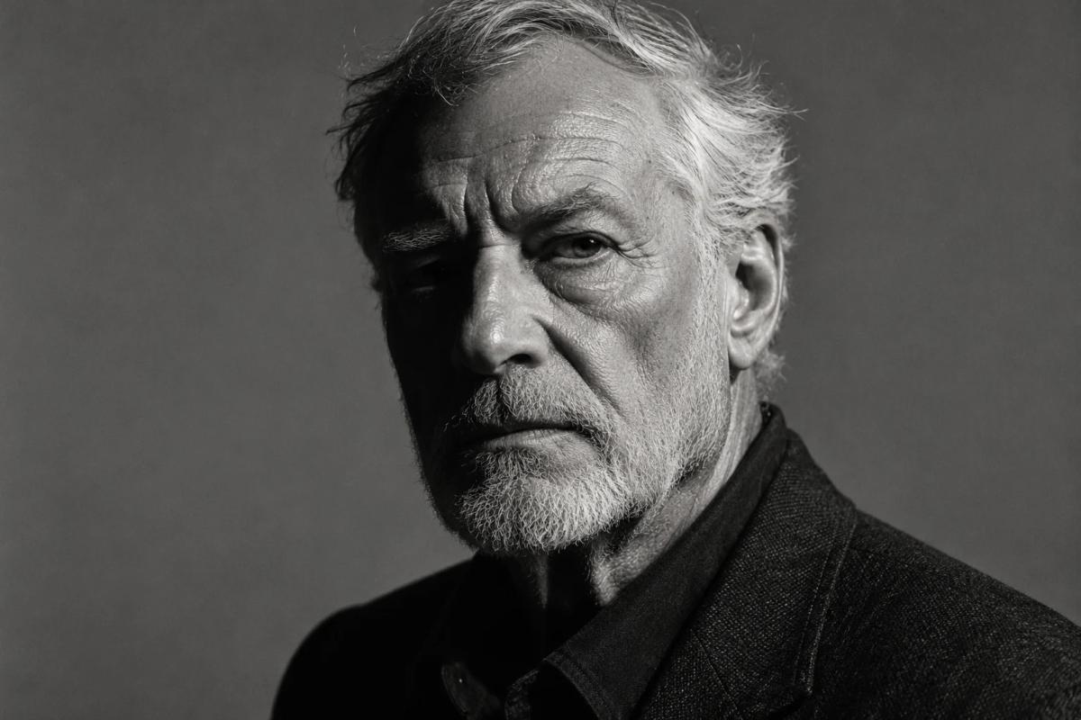 Black-and-white portrait of an older man with hard side lighting