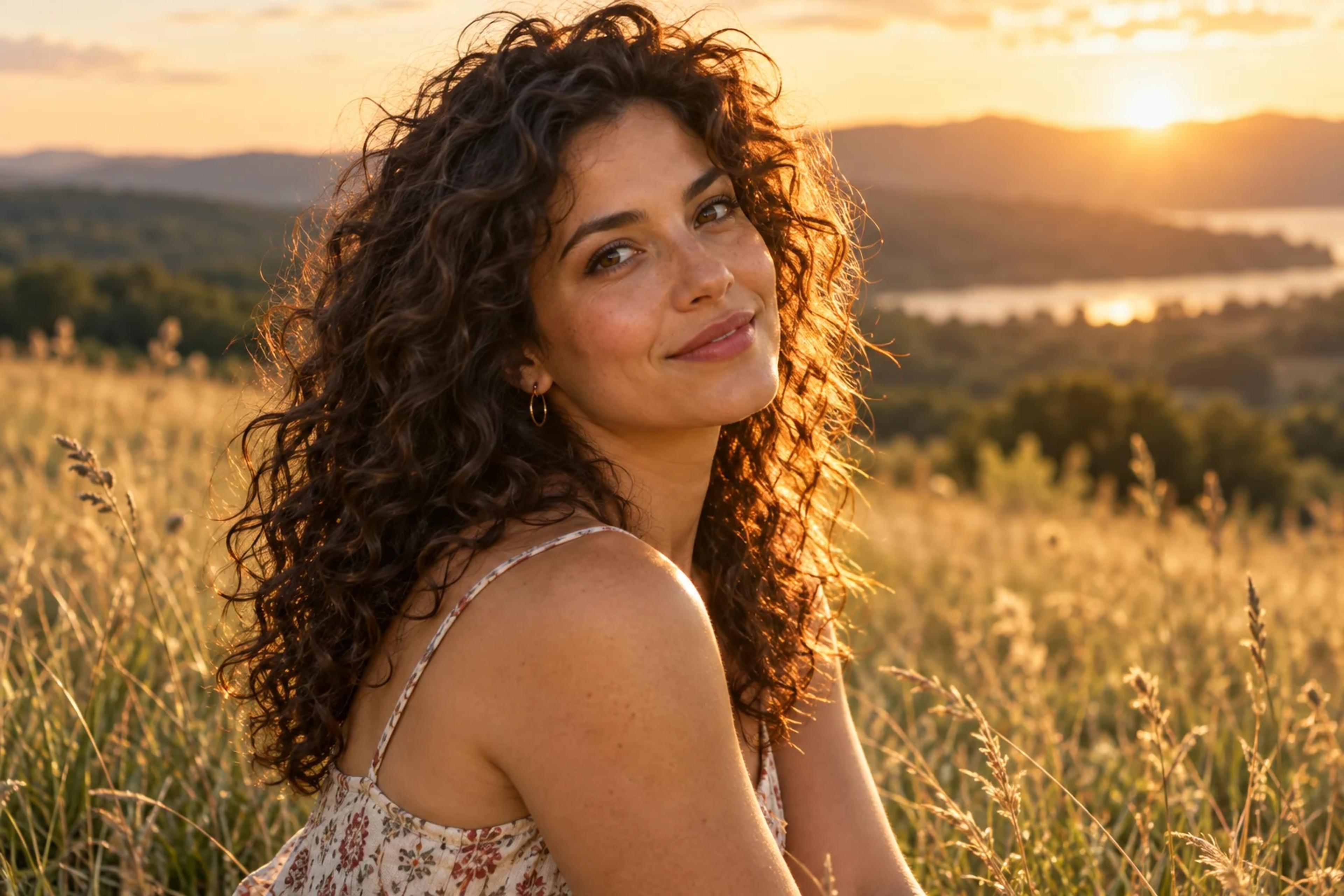 Golden-hour portrait of a curly-haired woman in a meadow