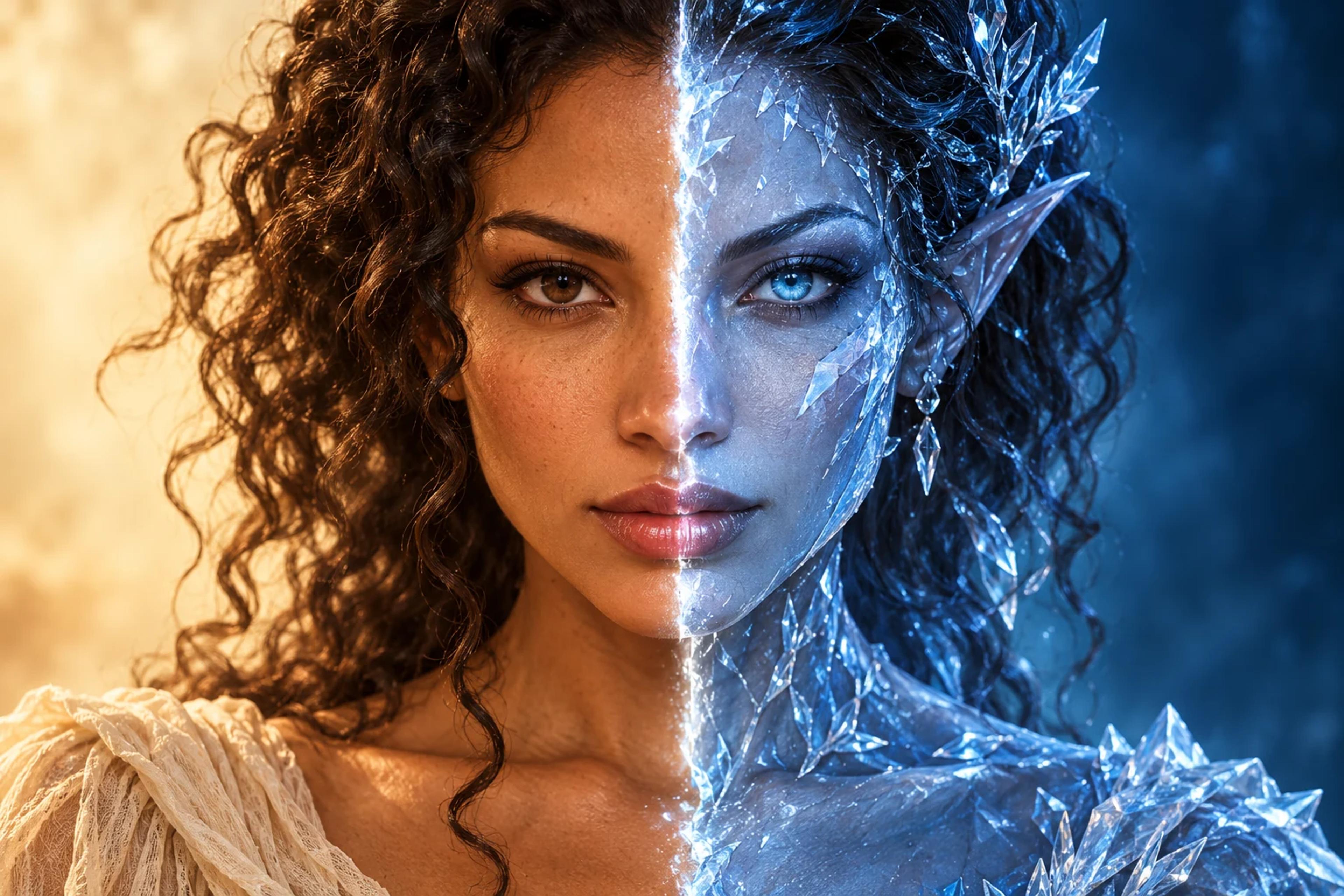 Split avatar combining a realistic woman and an icy crystalline fantasy identity
