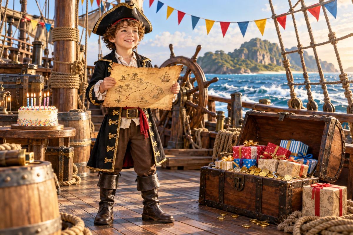 Boy in a pirate costume holding a treasure map at a birthday party aboard a ship