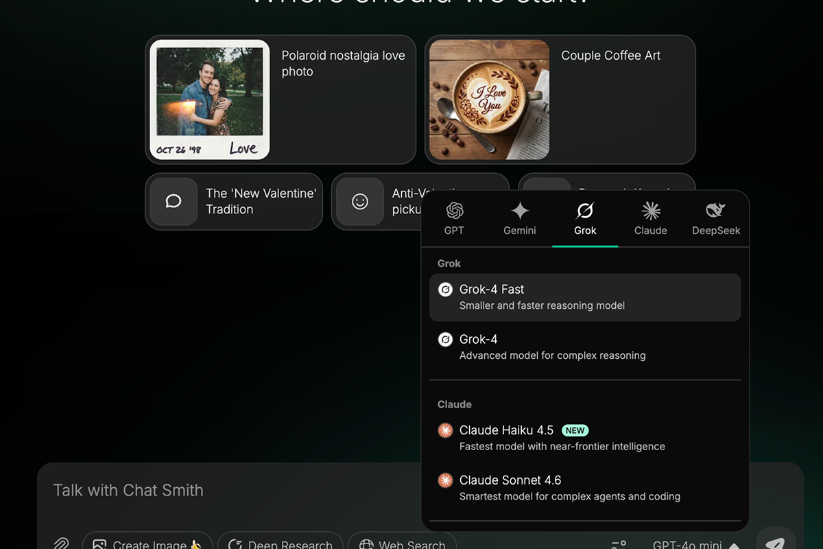 Chat Smith AI interface with multiple models for chat, image generation, and creative tasks