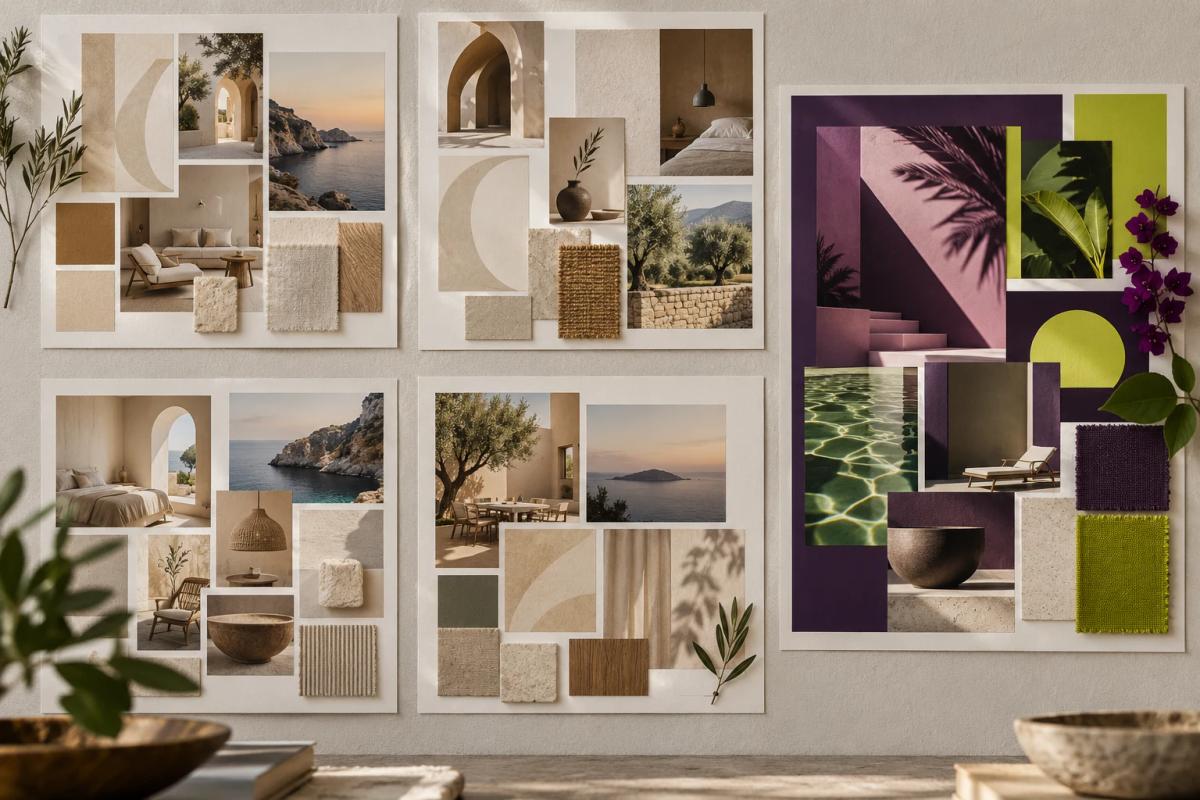 Studio pinboard comparing distinct visual directions for boutique hotel brands