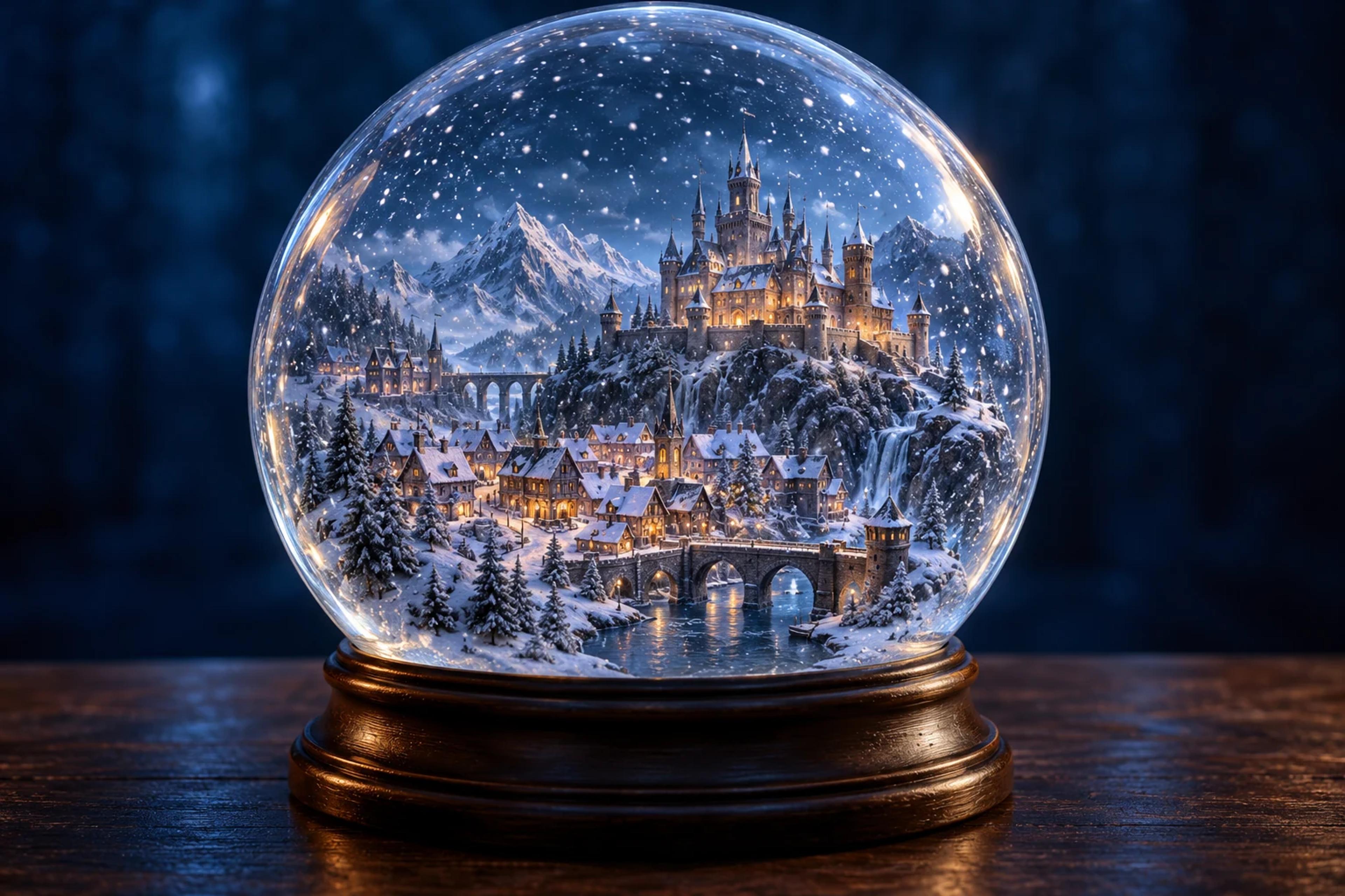 A miniature snowy kingdom with a castle and warm windows inside a glass snow globe