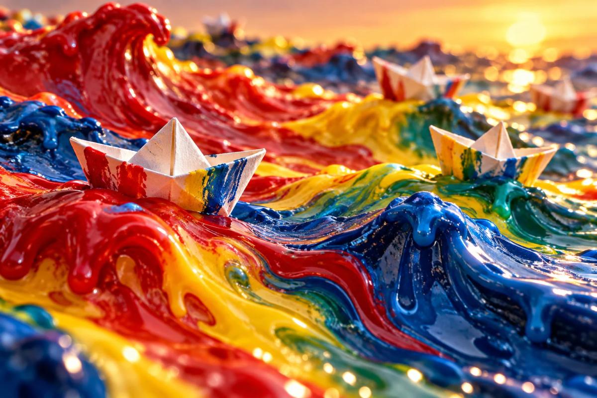Melted crayon wax ocean with tiny folded paper boats