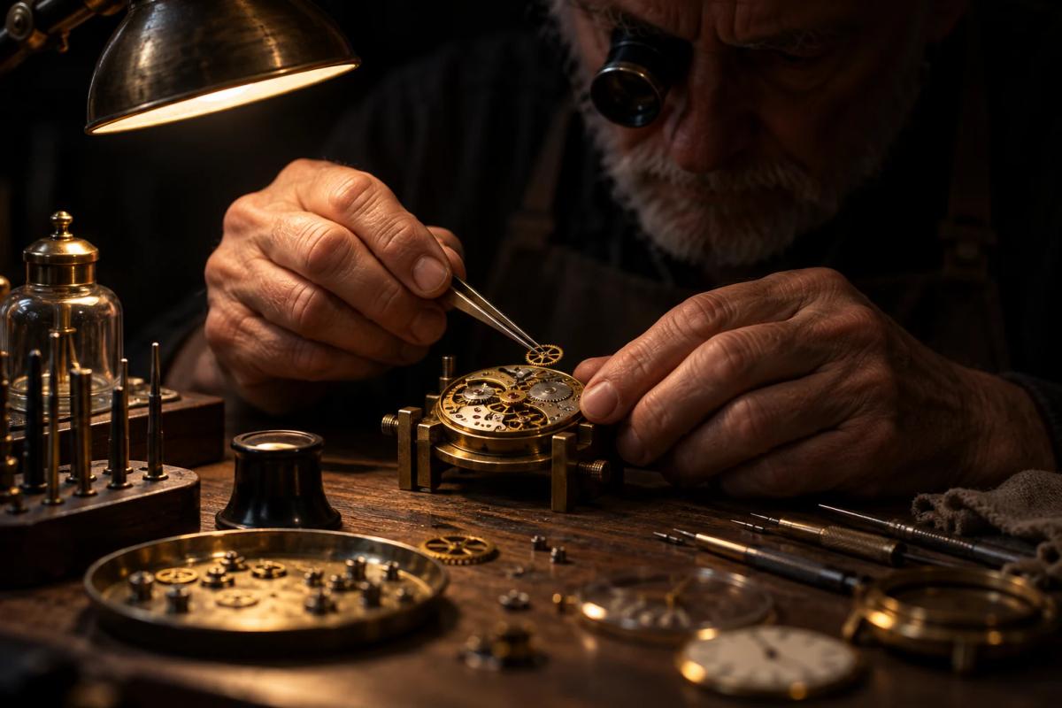 Watchmaker working under a single warm desk lamp