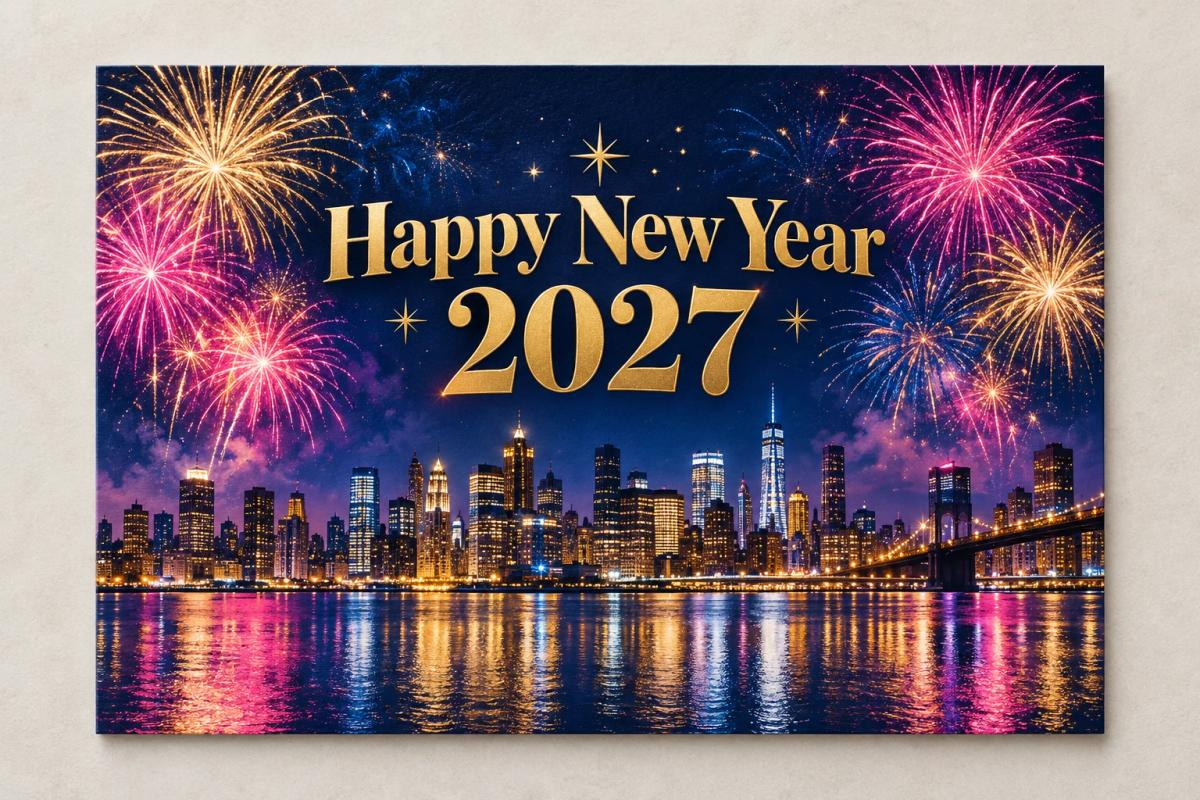 城市上空烟花与金色2027字样的新年贺卡