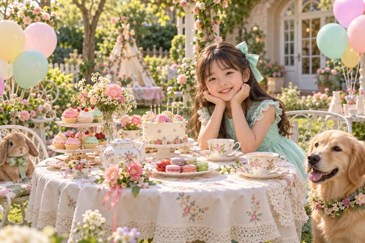 カップケーキと花に囲まれたパステルカラーの誕生日ティーパーティー
