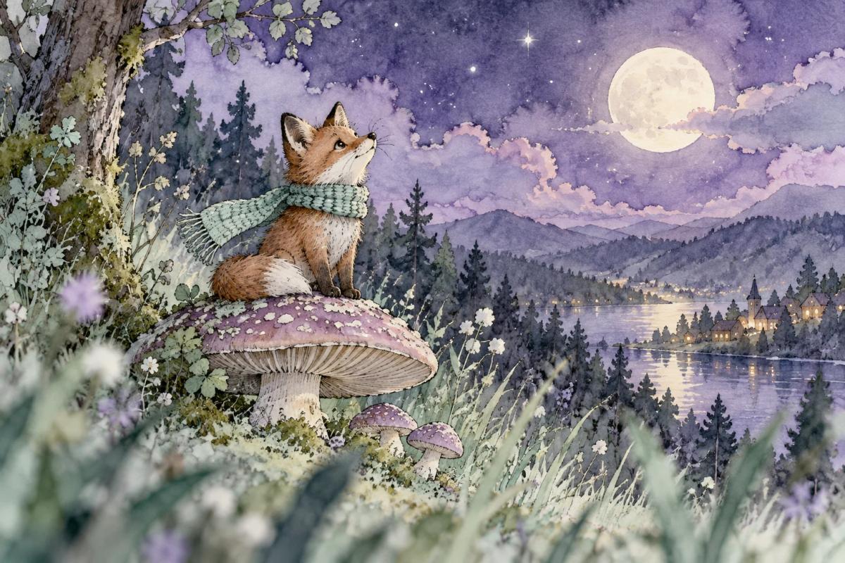 Watercolour fox in a knitted scarf sitting on a mushroom
