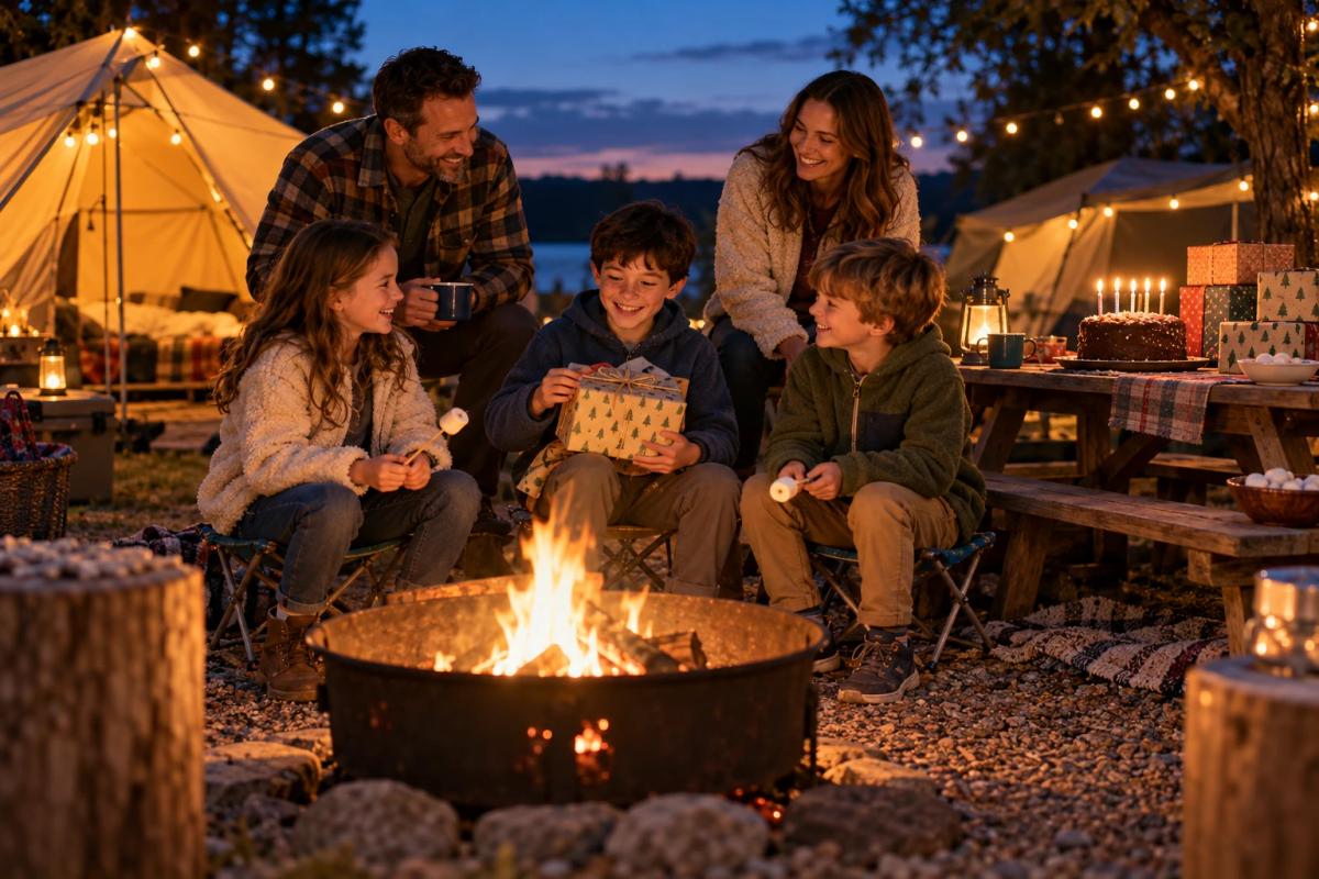 Boy celebrating a backyard camping birthday with family, tents and string lights