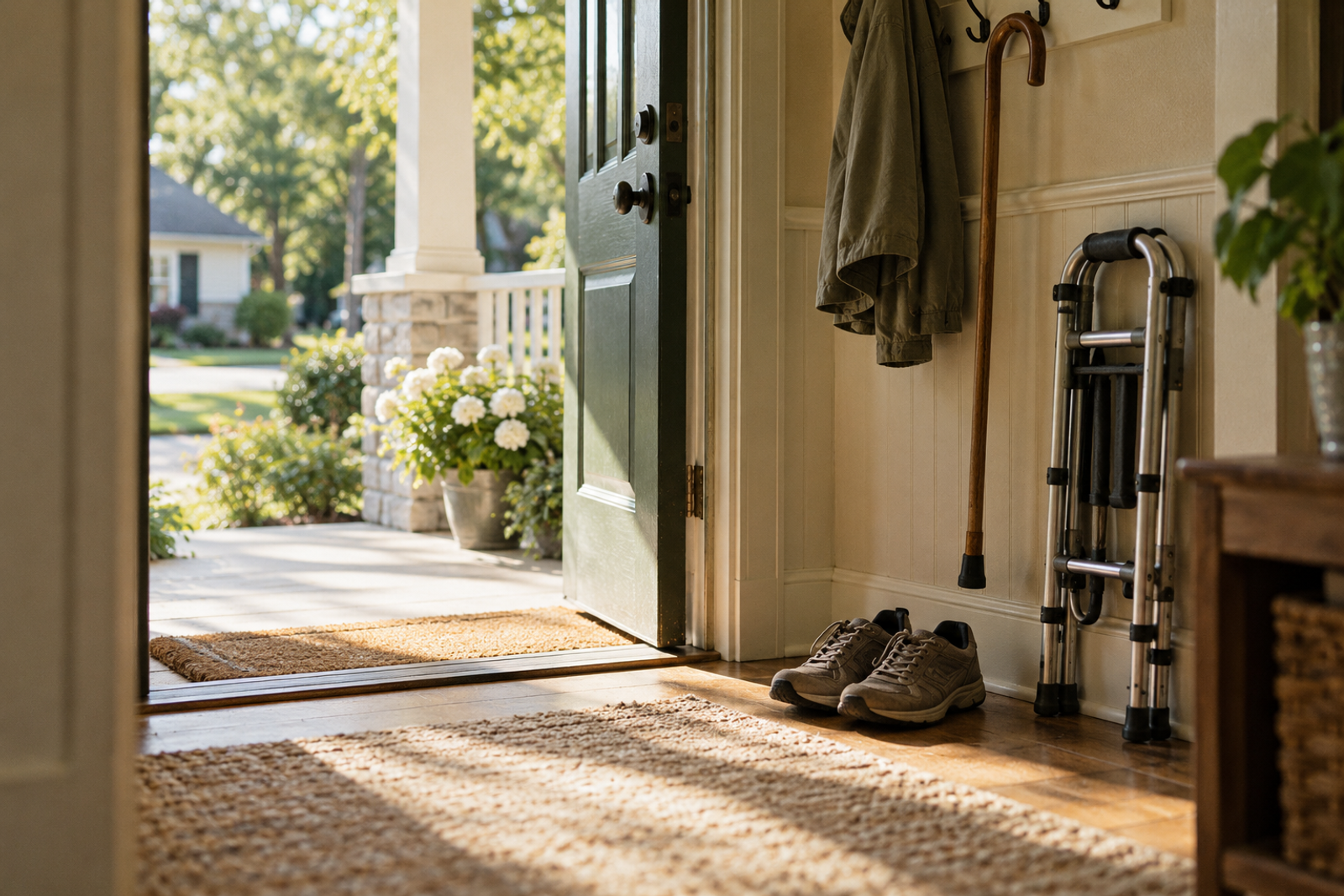 A front door open onto a sunny porch, with walking shoes by the door, a cane on a hook and a folded walker against the wall.