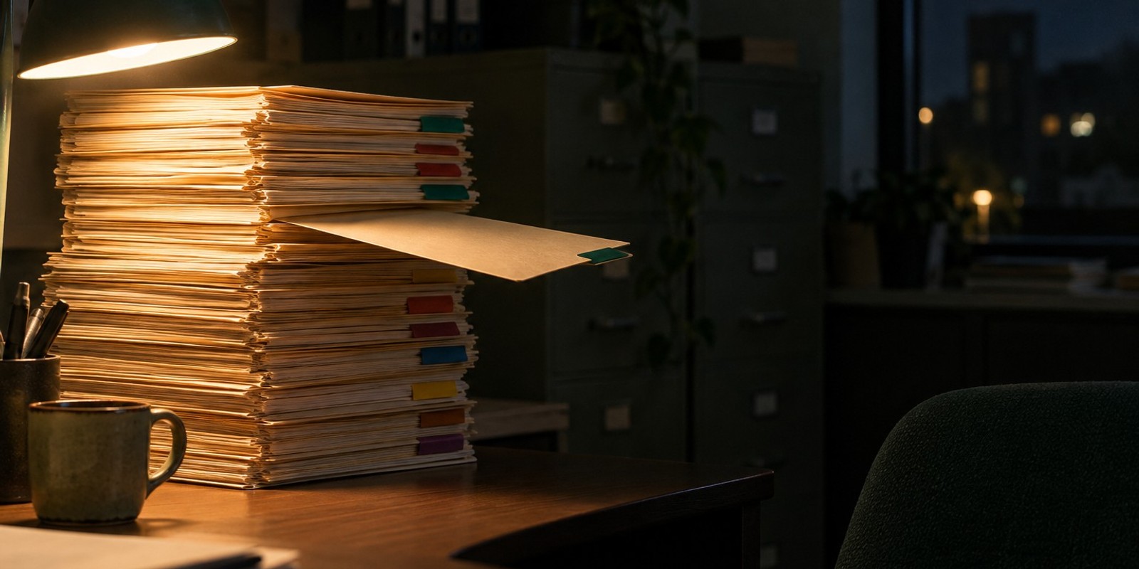 A tall stack of patient chart folders under a desk lamp in a dark office