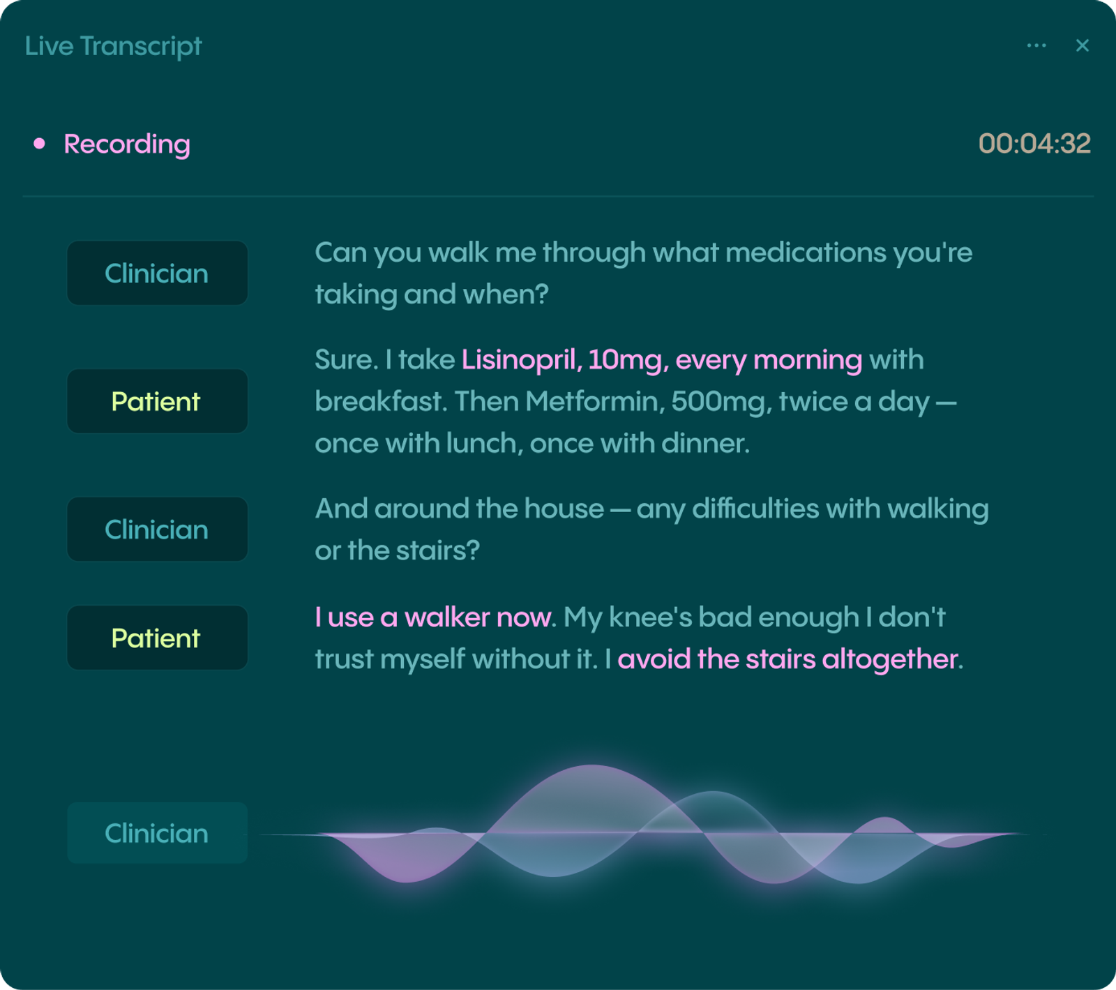 Live transcript of a medical consultation between a clinician and patient, detailing medications and mobility issues with highlighted text and an audio waveform.