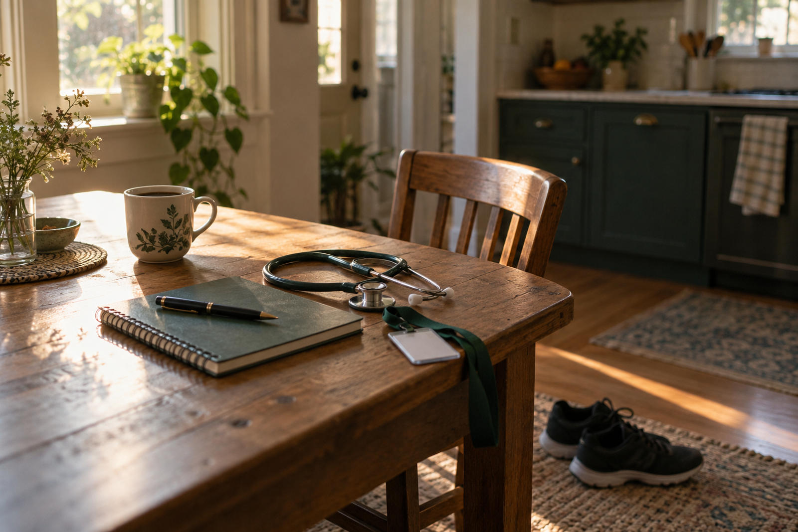 A kitchen table with a notebook, a stethoscope, an ID badge on a lanyard and a mug of coffee, with work sneakers on the floor.