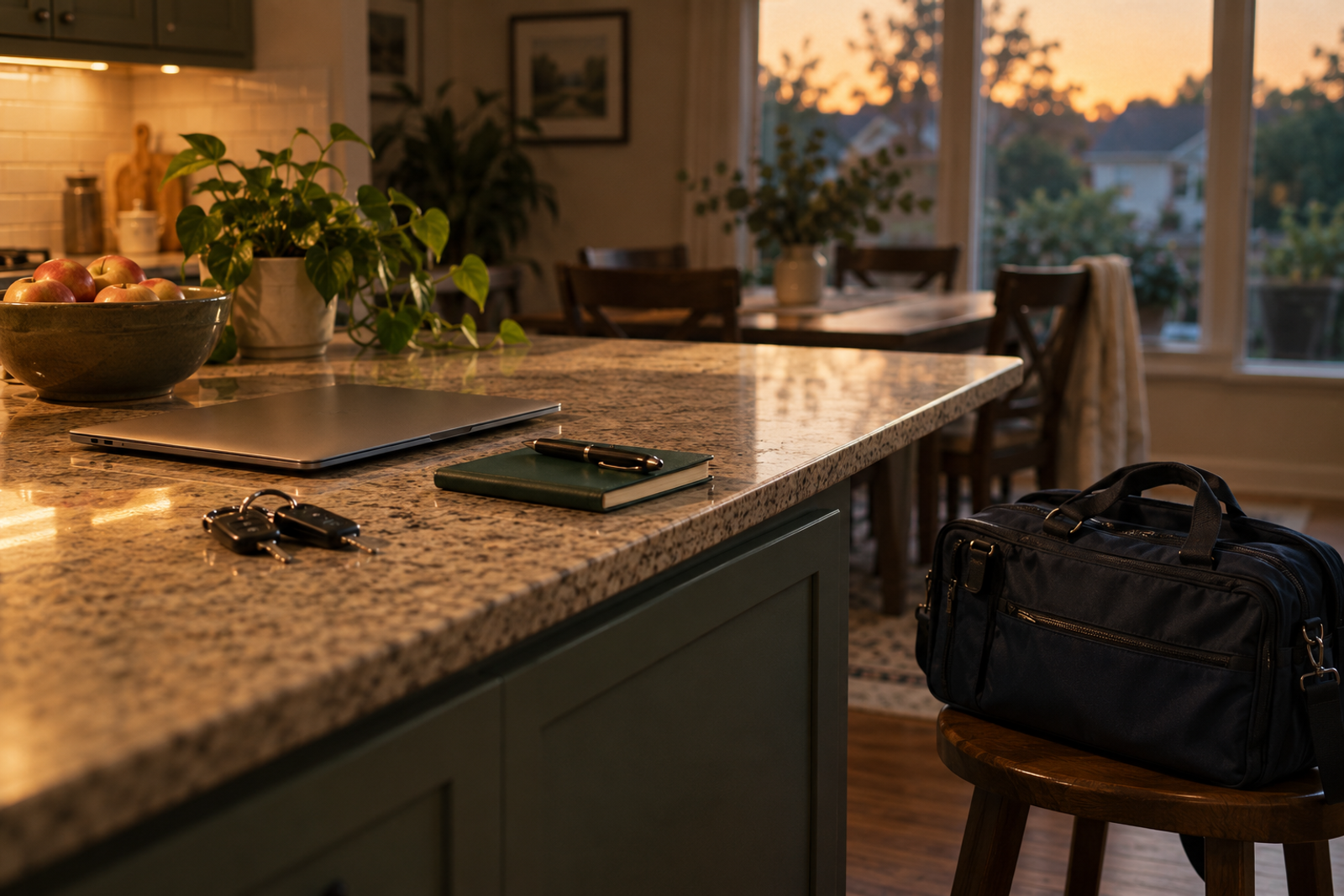 Car keys, a closed laptop and a small logbook on a kitchen counter at dusk, with a nurse's bag on a stool.