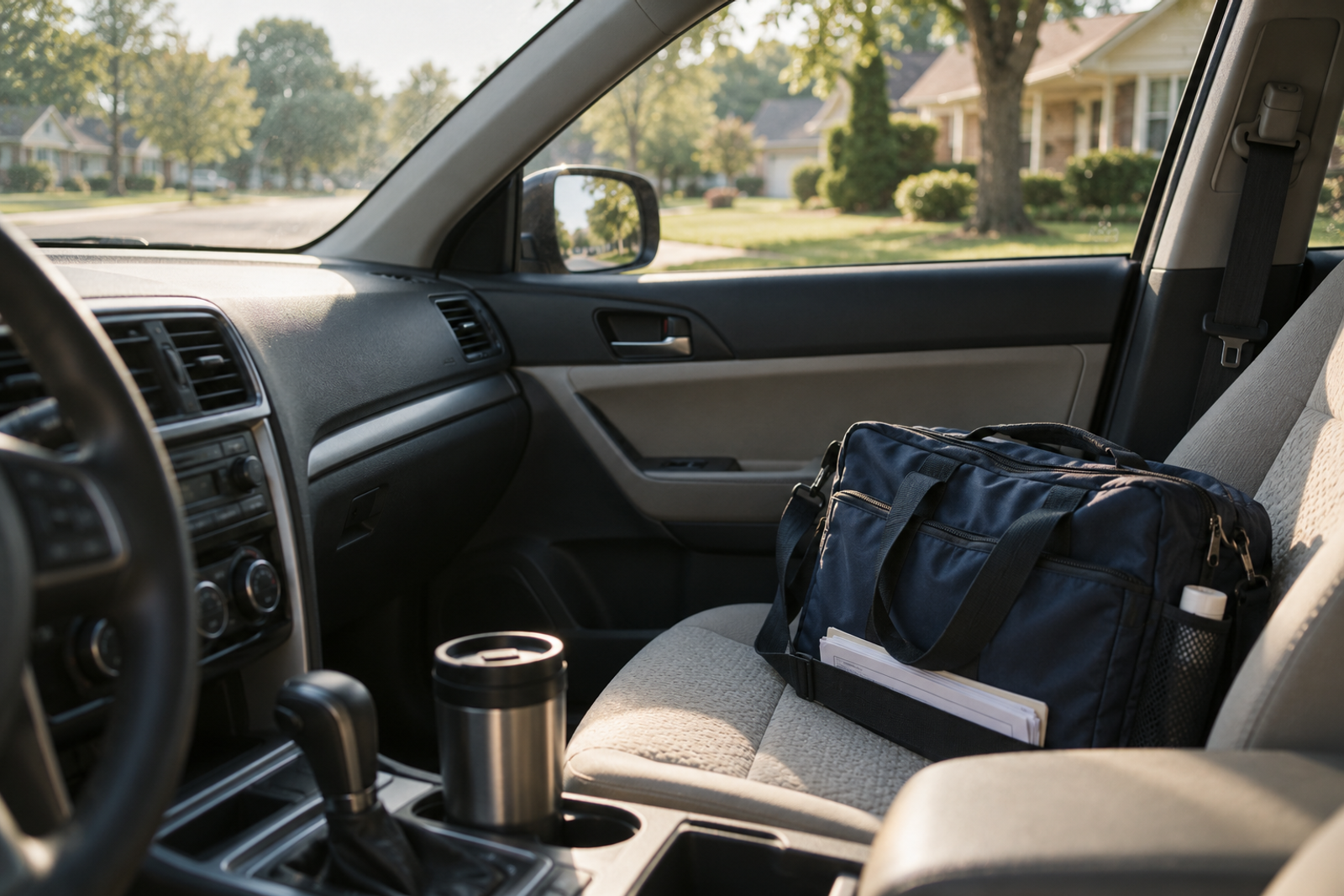 A navy nurse's bag on the passenger seat of a parked car, a travel mug in the cup holder and houses outside the window.