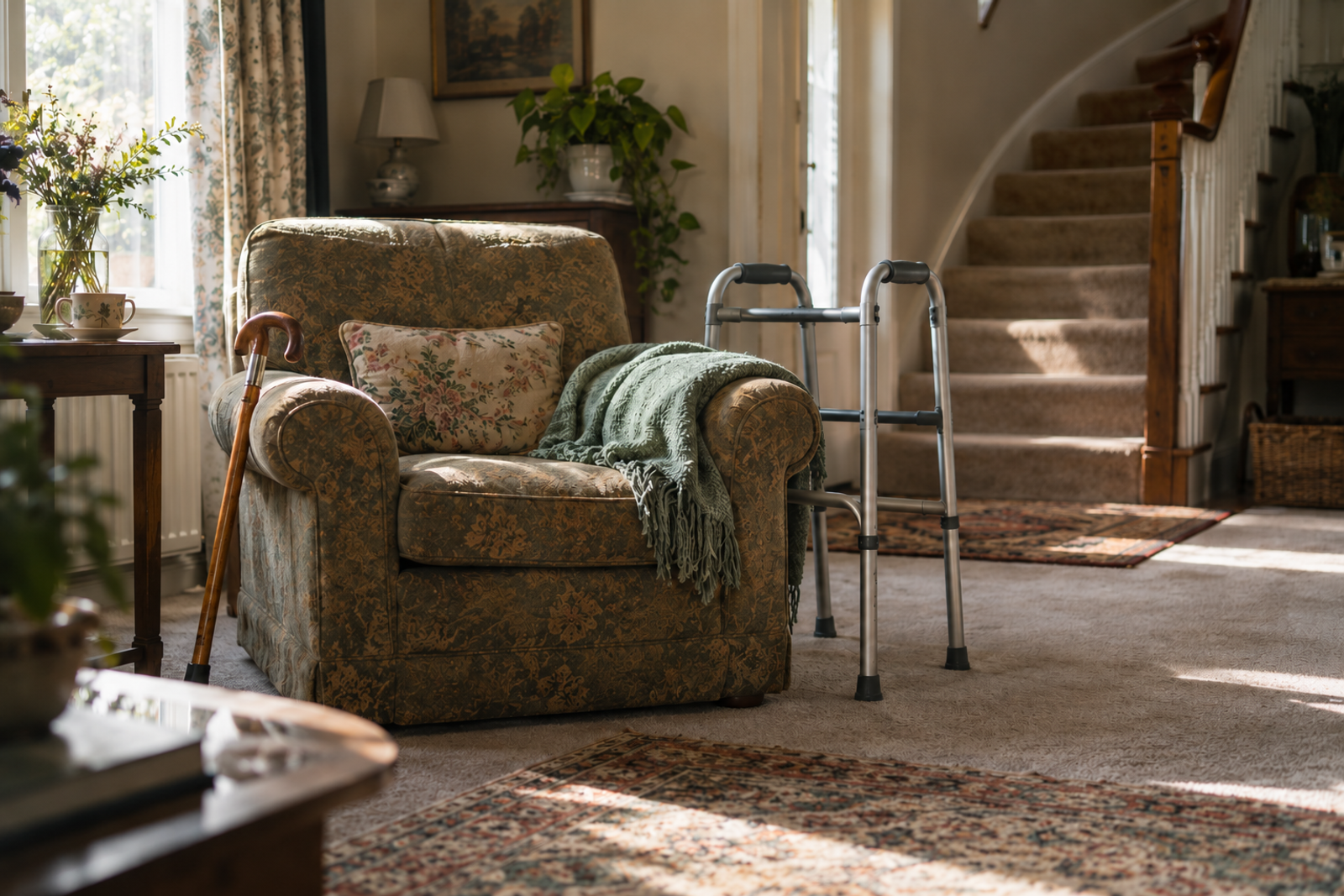 A lived-in living room with an armchair, a folded green blanket, a walker beside the chair and a cane leaning on its arm.