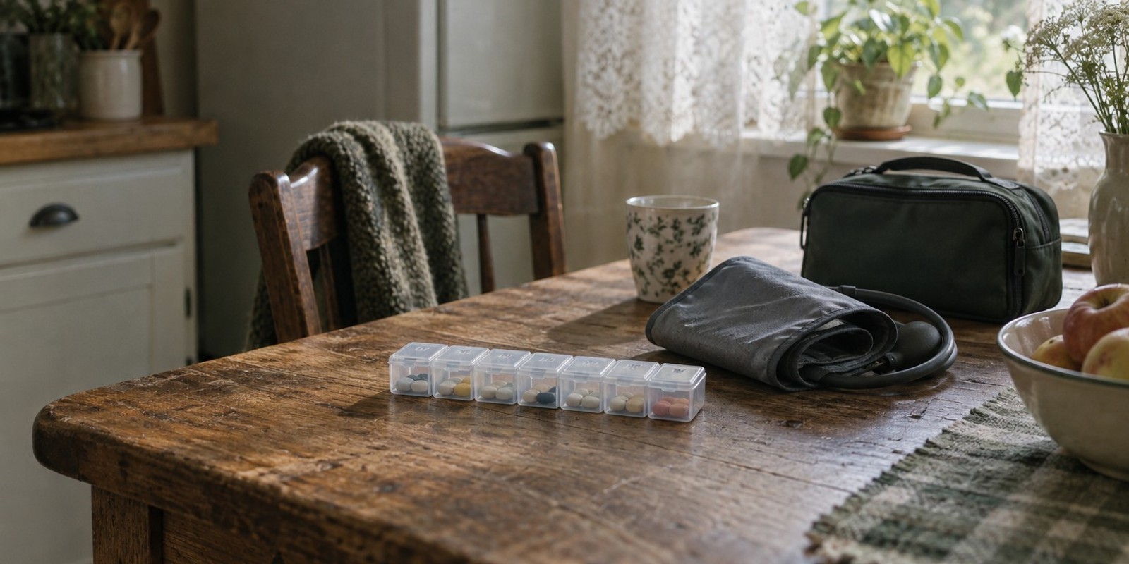 A weekly pill organizer and a blood pressure cuff on a patient's kitchen table