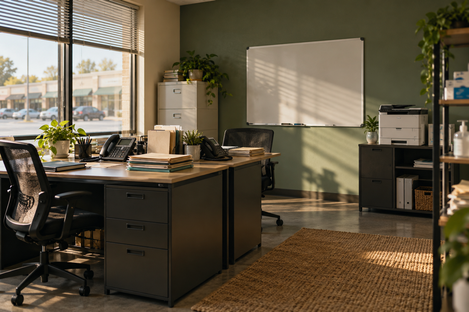An empty agency office in the morning: two desks with phones and folders, a blank whiteboard and a printer.