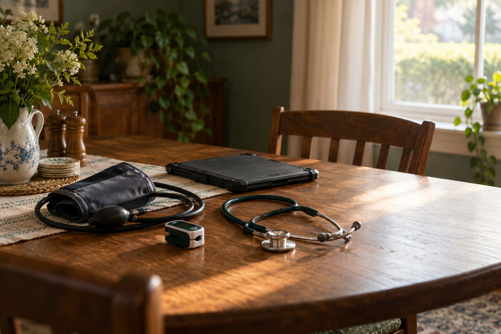 A blood pressure cuff, a pulse oximeter, a stethoscope and a tablet in a rugged case on a dining table.