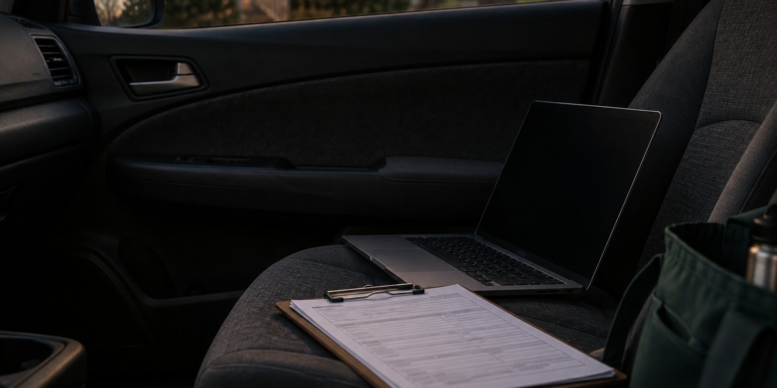 A clipboard and a laptop on the passenger seat of a parked car at dusk