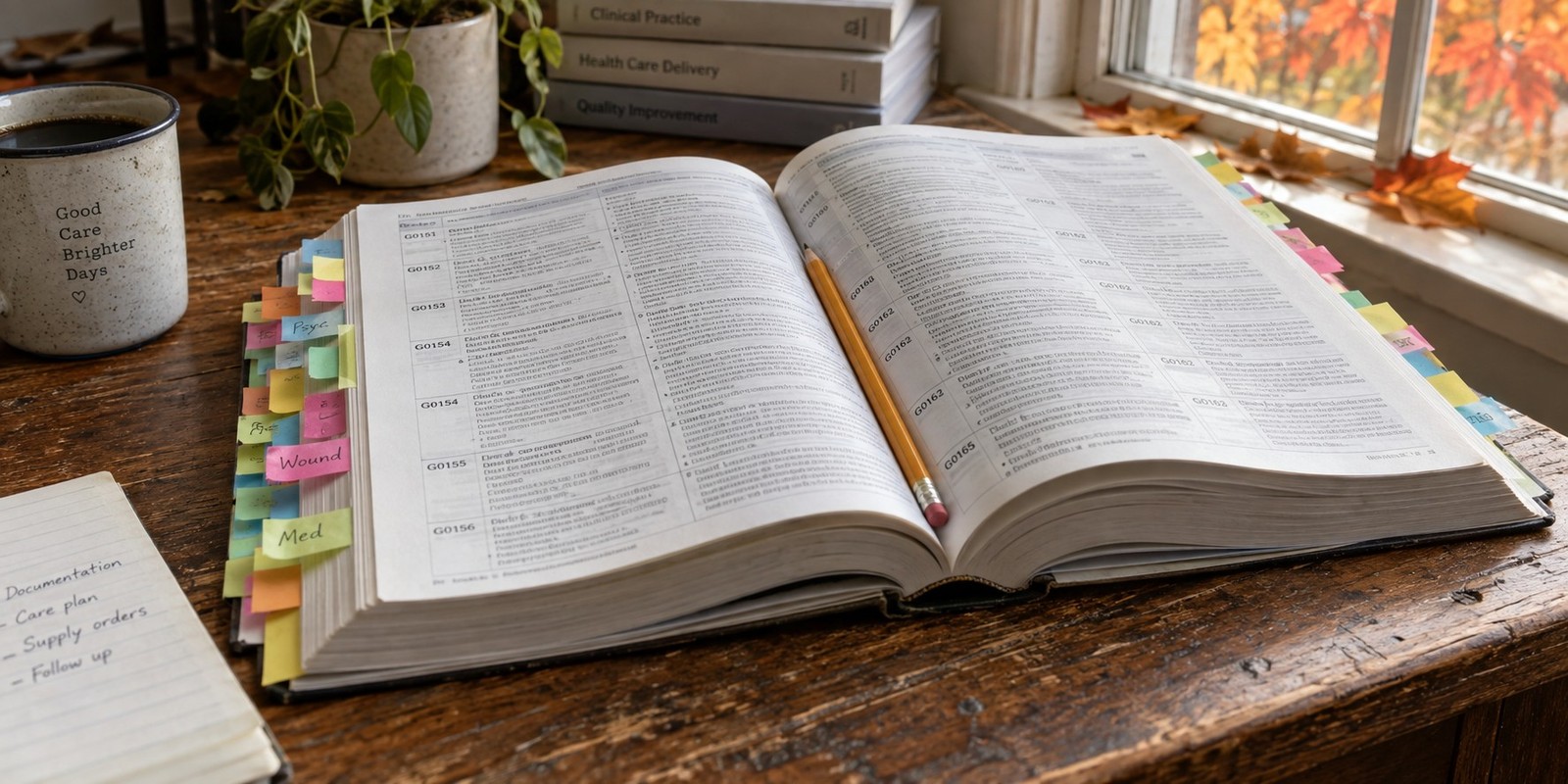An open medical coding manual with colored sticky tabs on a wooden desk in autumn light