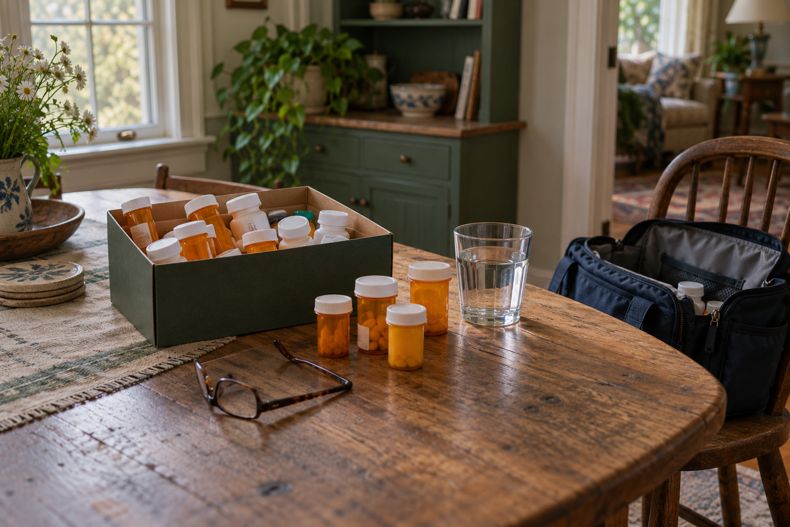 A box of pharmacy pill bottles on a kitchen table beside reading glasses, a glass of water and an open nurse's bag.