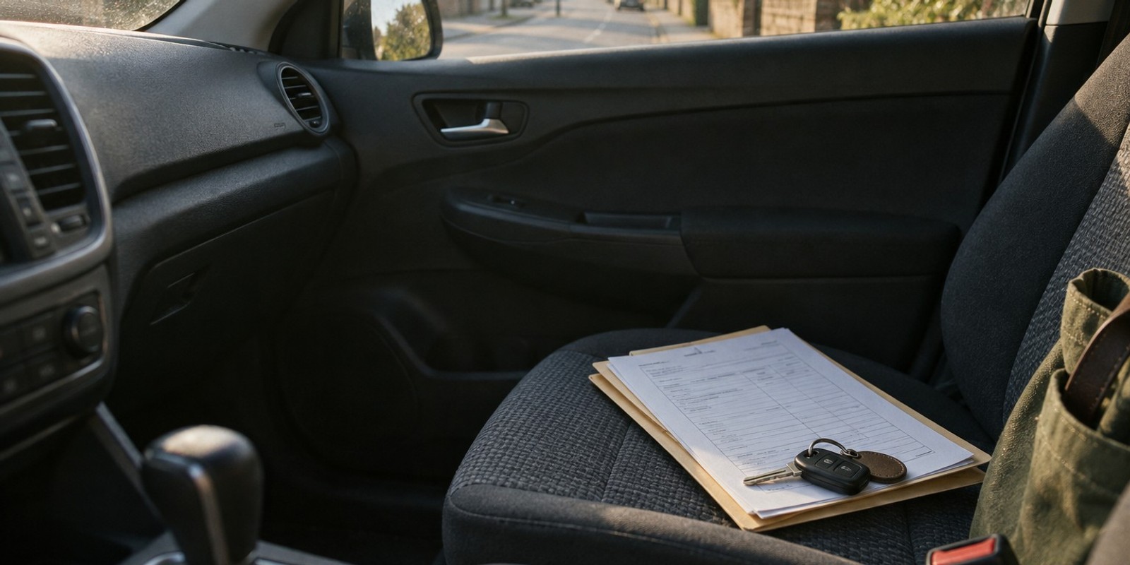 Car keys and a folder of patient visit sheets on a car's passenger seat before a day of home visits