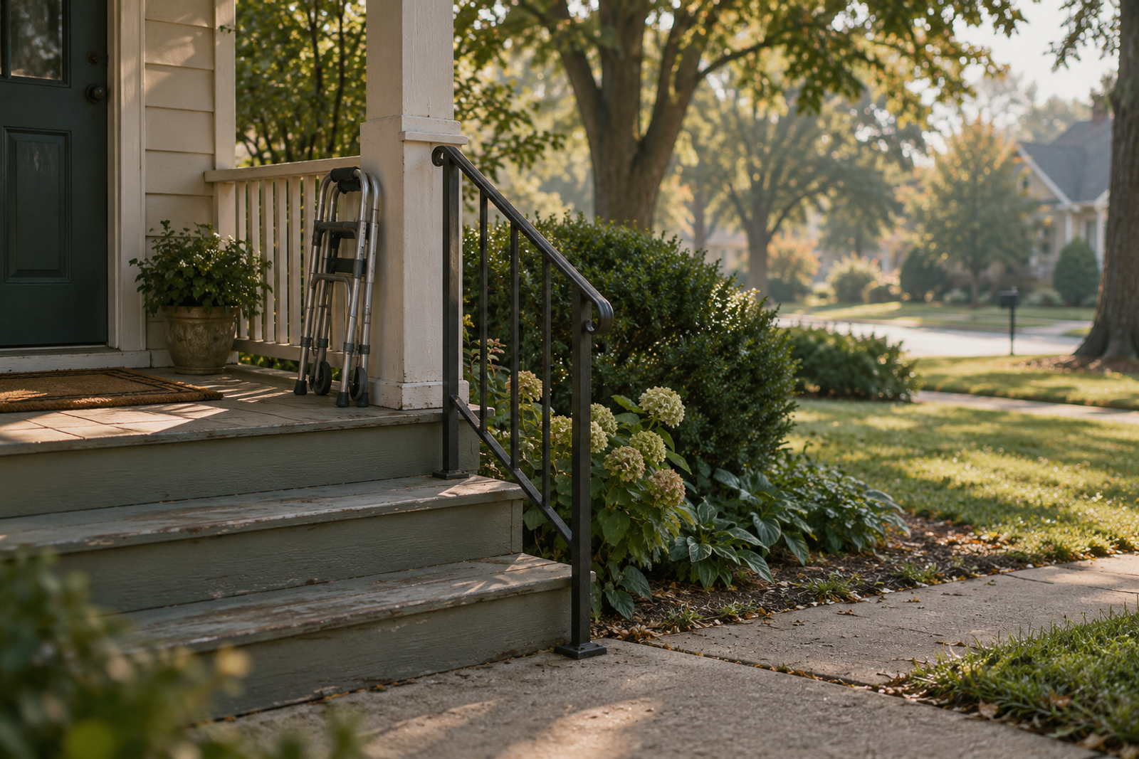 Porch steps with a handrail, and a folded walker leaning on the porch post at the top.