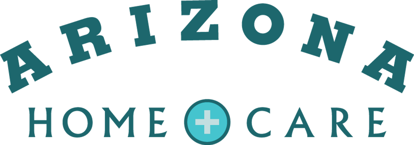 Arizona Home Care logo with teal text. "Arizona" is arced above "Home" and "Care," separated by a plus sign icon.