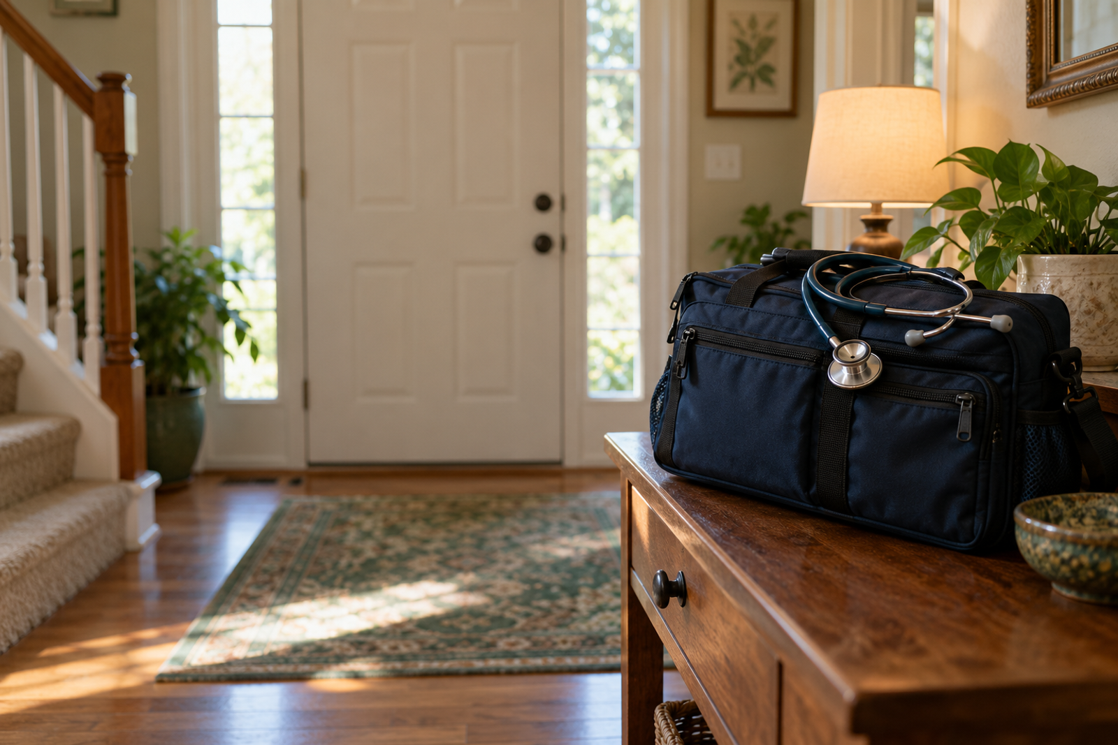 A navy nurse's bag with a stethoscope on top, sitting on a wooden side table just inside a front door.